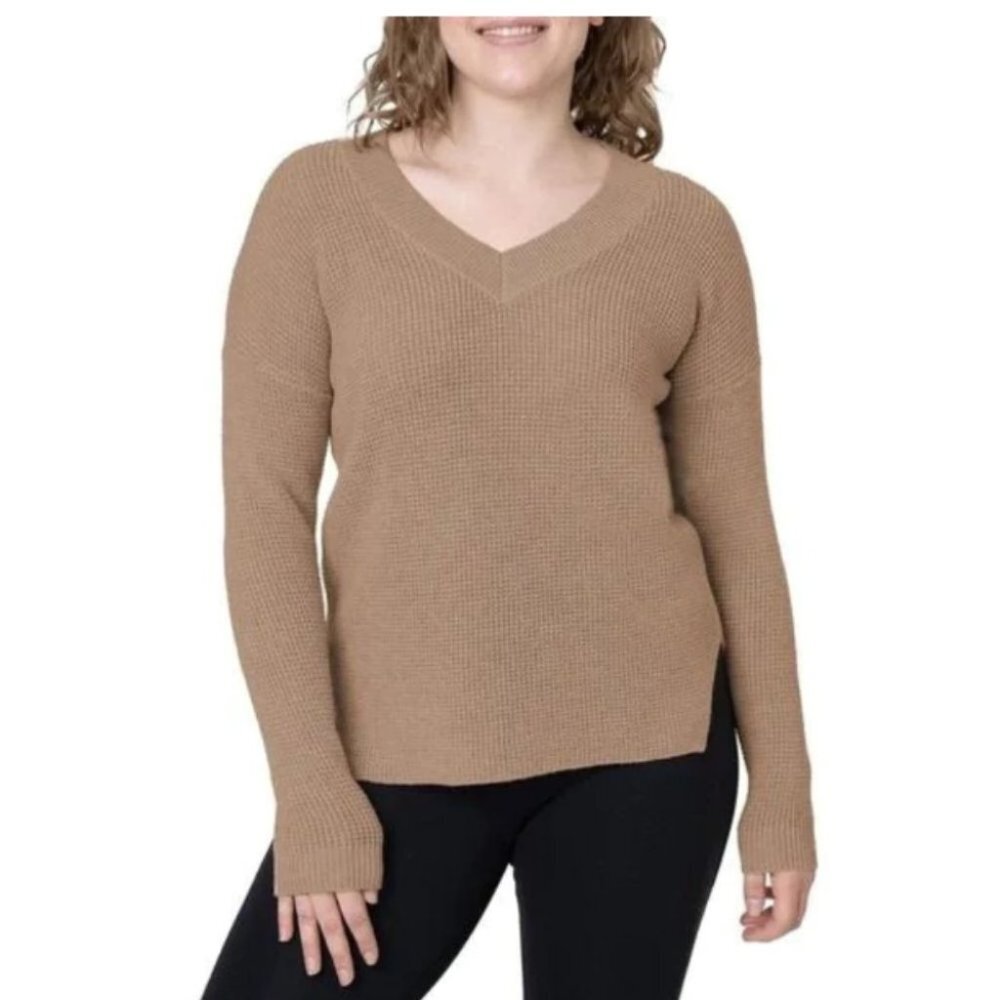 Kersh Light Khaki Tan Camel ribbed Knit V-neck Merino tencel Blend Sweater L